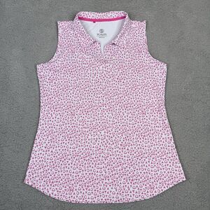 Scales Golf Top Womens Large White Hot Pink Jaws Shark Print Sleeveless Polo AOP